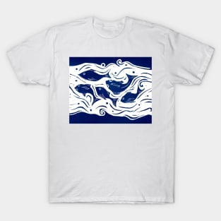 Fish Linocut in Blue and White T-Shirt